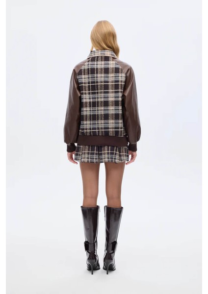 Deri Garnili Ekose Kahverengi Kadın Ceket CKT01279 indirimleri