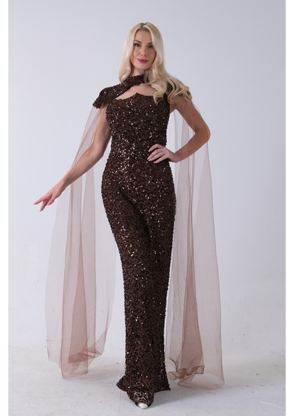 Kahve Boyundan Takma Tül Detaylı Straplez Pul Payet Abiye 9705683.05 fiyatları
