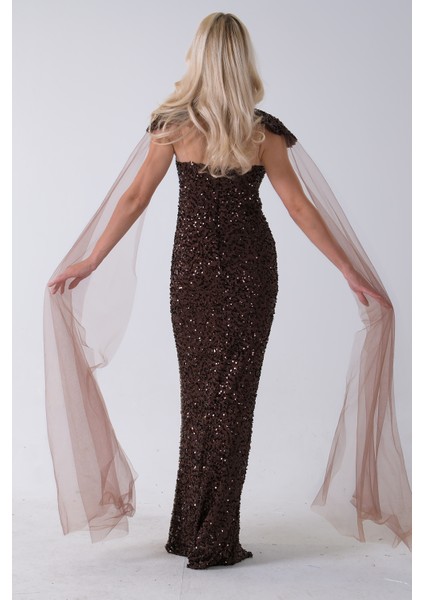 Kahve Boyundan Takma Tül Detaylı Straplez Pul Payet Abiye 9705683.05 indirimleri