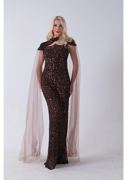 Kahve Boyundan Takma Tül Detaylı Straplez Pul Payet Abiye 9705683.05