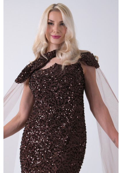 Kahve Boyundan Takma Tül Detaylı Straplez Pul Payet Abiye 9705683.05