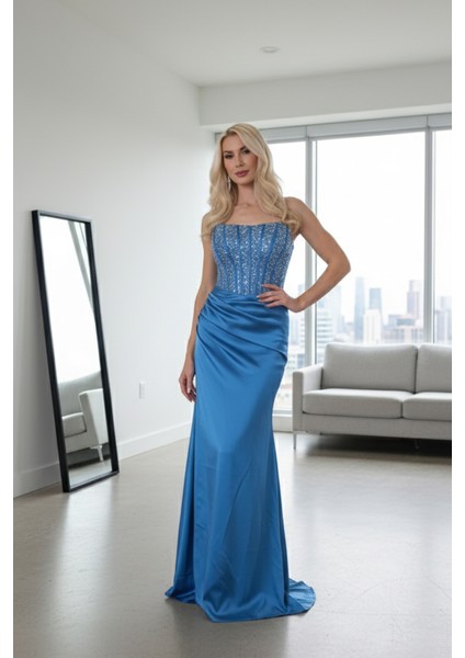 Indigo Göğüs Pul ve Taşlı Saten Abiye 9705294.98