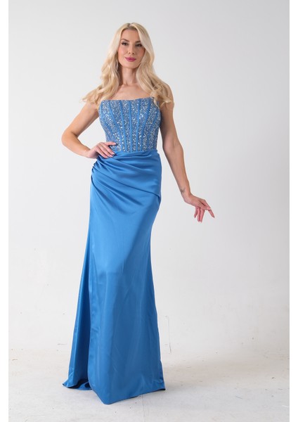 Indigo Göğüs Pul ve Taşlı Saten Abiye 9705294.98 fiyatları