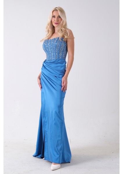 Indigo Göğüs Pul ve Taşlı Saten Abiye 9705294.98 modelleri