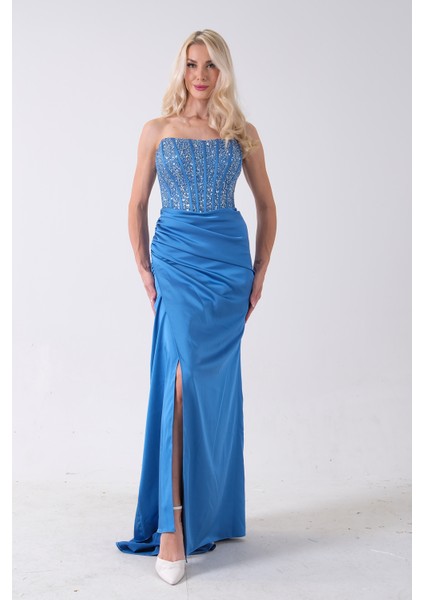 Indigo Göğüs Pul ve Taşlı Saten Abiye 9705294.98