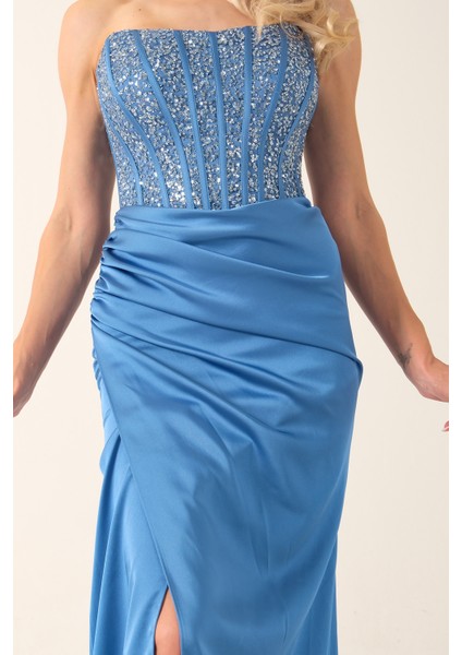 Indigo Göğüs Pul ve Taşlı Saten Abiye 9705294.98