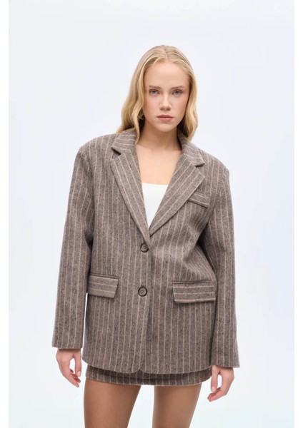 Çizgili Kaşe Vizon Kadın Blazer Ceket CKT01197