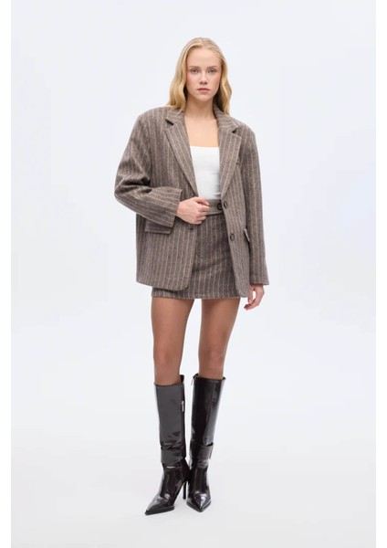 Çizgili Kaşe Vizon Kadın Blazer Ceket CKT01197 fırsatları