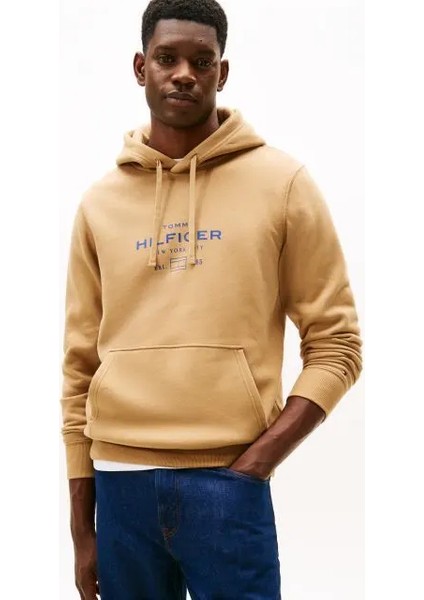 Tommy Hılfıger Erkek Marka Logolu Kapüşonlu Organik Pamuklu Kanguru Ceplli Günlük Kullanıma Uygun Açık Kahverengi Sweatshirt MW0MW40864 Gv7