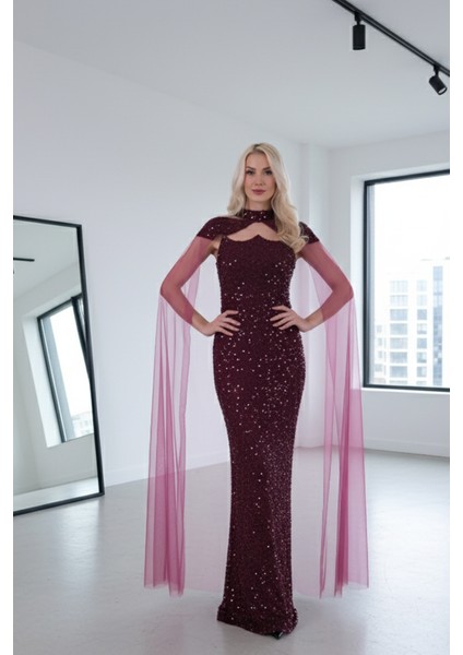 Mürdüm Boyundan Takma Tül Detaylı Straplez Pul Payet Abiye 9705683.21