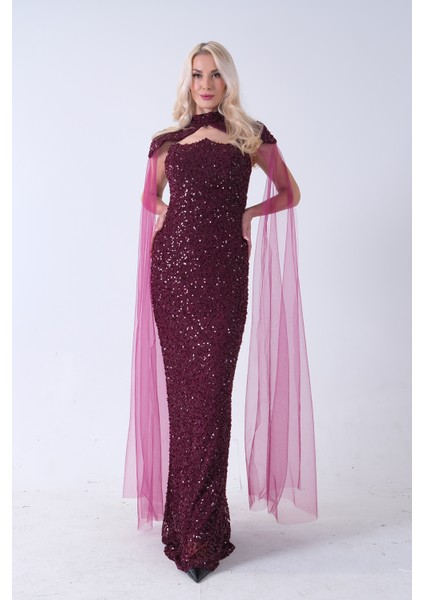 Mürdüm Boyundan Takma Tül Detaylı Straplez Pul Payet Abiye 9705683.21 fiyatları