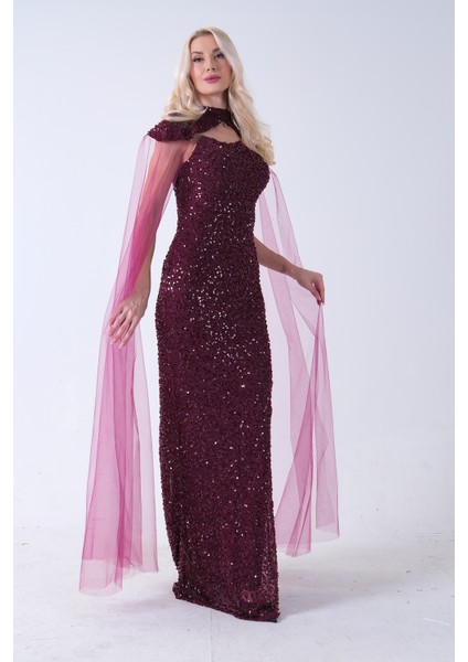 Mürdüm Boyundan Takma Tül Detaylı Straplez Pul Payet Abiye 9705683.21 indirimleri