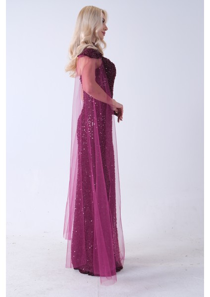 Mürdüm Boyundan Takma Tül Detaylı Straplez Pul Payet Abiye 9705683.21