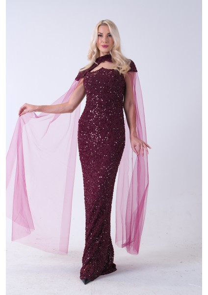 Mürdüm Boyundan Takma Tül Detaylı Straplez Pul Payet Abiye 9705683.21