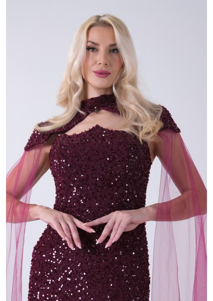 Mürdüm Boyundan Takma Tül Detaylı Straplez Pul Payet Abiye 9705683.21