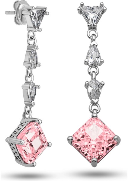 Gümüş Ice Cut Pembe Zirkon Taşlı Işıltılı Kadın Küpe