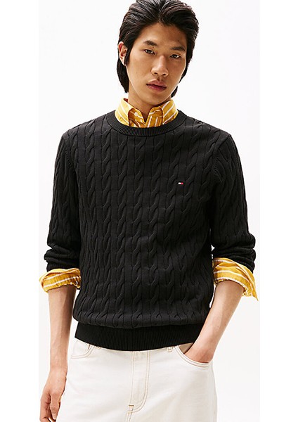 Tommy Hılfıger Erkek Marka Logolu Pamuklu Günlük Kullanıma Uygun Siyah Kazak MW0MW33132 Bds