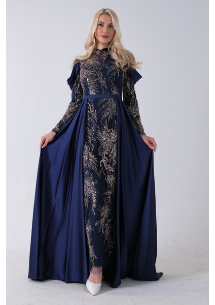 Lacivert Üzeri Taş Işlemeli Bisiklet Yaka Tesettür Elbise 6502502.02 fiyatları