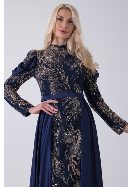 Lacivert Üzeri Taş Işlemeli Bisiklet Yaka Tesettür Elbise 6502502.02