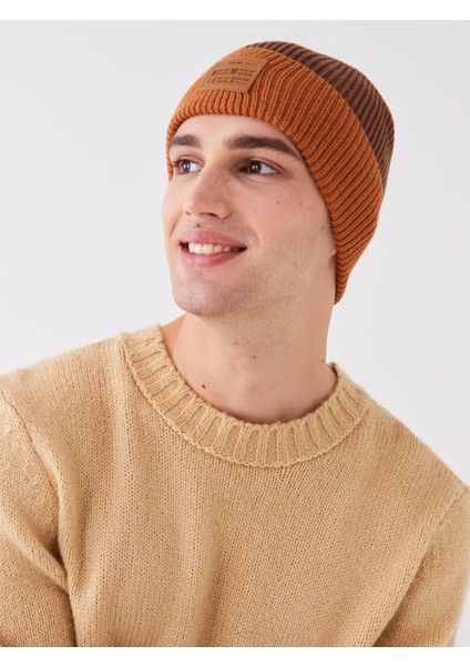 Yeni Sezon Etiket Baskılı Renk Bloklu Erkek Triko Bere