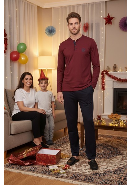 Ds Damat Yılbaşı Özel Hediye Kutulu Modal Kumaş Pijama Takımı – Uzun Kollu, Premium, Düğmeli Yaka Bordo