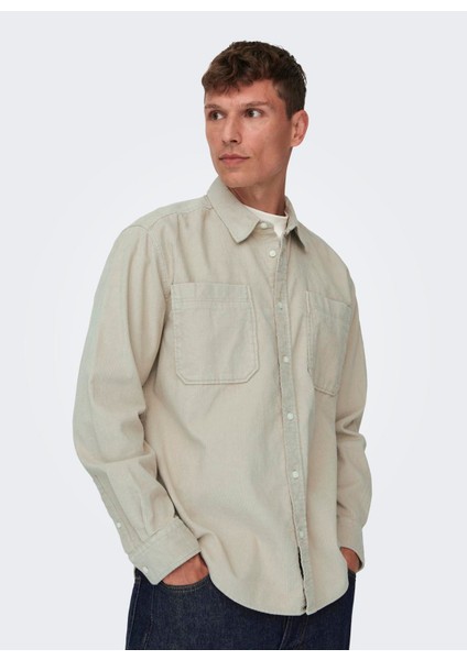 Normal Ekru Düz Erkek Gömlek Onsalp Rlx 2pkt Washd Cord Ls Shırt modelleri