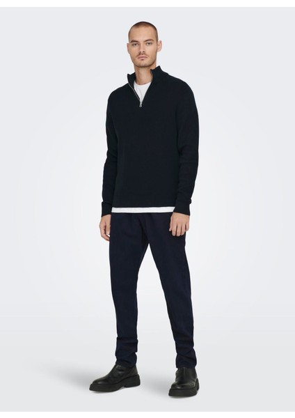 Normal Düz Koyu Lacivert Erkek Kazak Onsphıl Reg 12 Struc Half Zıp Knıt