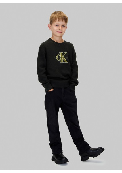 Bisiklet Yaka Regular Fit Nakışlı Siyah Erkek Çocuk Kazak IB0IB02598BEH