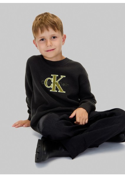 Bisiklet Yaka Regular Fit Nakışlı Siyah Erkek Çocuk Kazak IB0IB02598BEH fırsatları