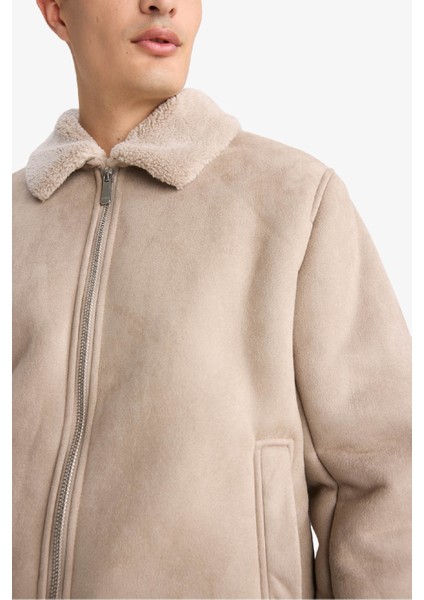 Slim Fit Dar Kesim Kürklü Polo Yaka Astarlı Fermuarlı Cepli Süet Mont A3869AX25WN