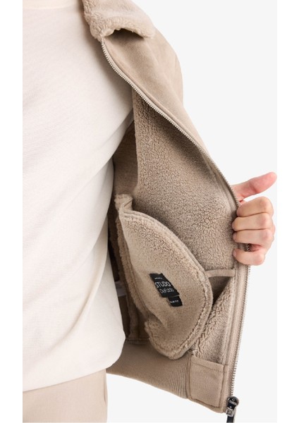 Slim Fit Dar Kesim Kürklü Polo Yaka Astarlı Fermuarlı Cepli Süet Mont A3869AX25WN