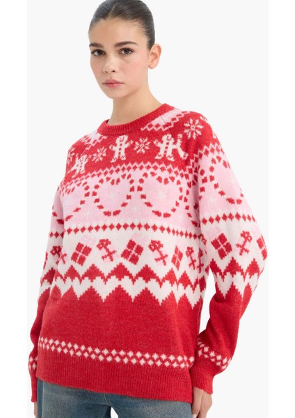 Yılbaşı Temalı Regular Fit Bisiklet Yaka Triko Kazak F6478AX25CW