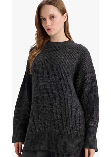 Loose Fit Bisiklet Yaka Simli Kumaş Triko Kazak Tunik G3626AX25WN