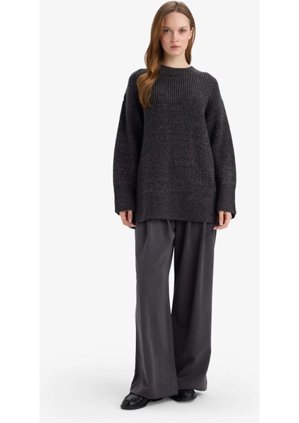 Loose Fit Bisiklet Yaka Simli Kumaş Triko Kazak Tunik G3626AX25WN fiyatları