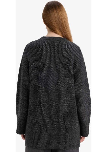 Loose Fit Bisiklet Yaka Simli Kumaş Triko Kazak Tunik G3626AX25WN