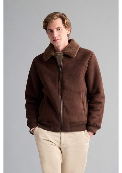 Slim Fit Dar Kesim Kürklü Polo Yaka Astarlı Fermuarlı Cepli Süet Mont A3869AX25WN