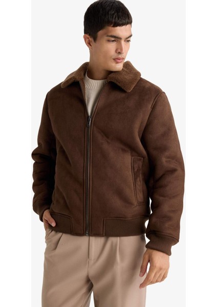 Slim Fit Dar Kesim Kürklü Polo Yaka Astarlı Fermuarlı Cepli Süet Mont A3869AX25WN fırsatları