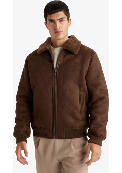 Slim Fit Dar Kesim Kürklü Polo Yaka Astarlı Fermuarlı Cepli Süet Mont A3869AX25WN