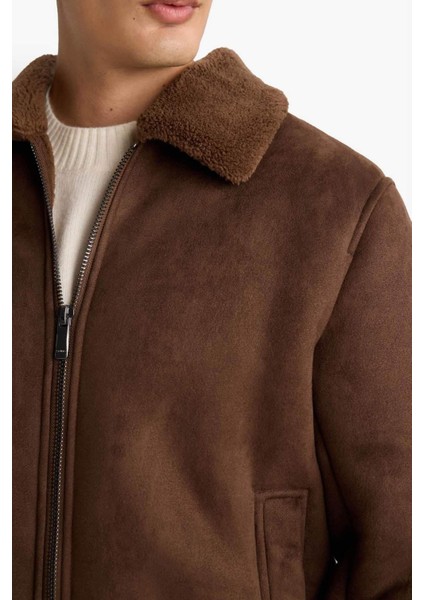 Slim Fit Dar Kesim Kürklü Polo Yaka Astarlı Fermuarlı Cepli Süet Mont A3869AX25WN