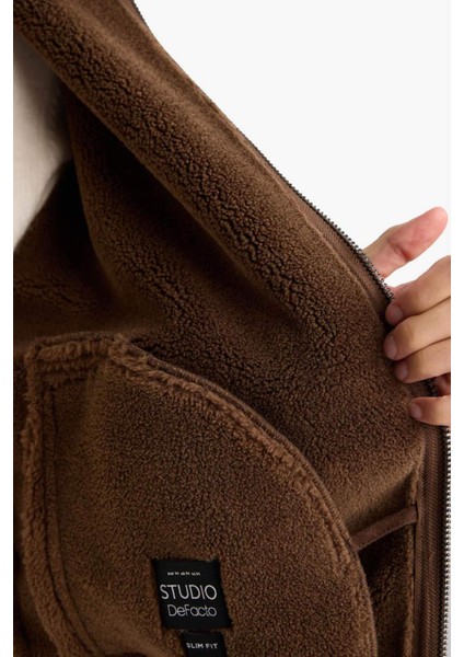 Slim Fit Dar Kesim Kürklü Polo Yaka Astarlı Fermuarlı Cepli Süet Mont A3869AX25WN