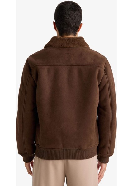 Slim Fit Dar Kesim Kürklü Polo Yaka Astarlı Fermuarlı Cepli Süet Mont A3869AX25WN