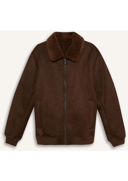 Slim Fit Dar Kesim Kürklü Polo Yaka Astarlı Fermuarlı Cepli Süet Mont A3869AX25WN