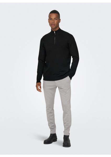 Yüksek Yaka Normal Düz Siyah Erkek Kazak Onswyler Lıfe Reg 14 Half Zıp Knıt