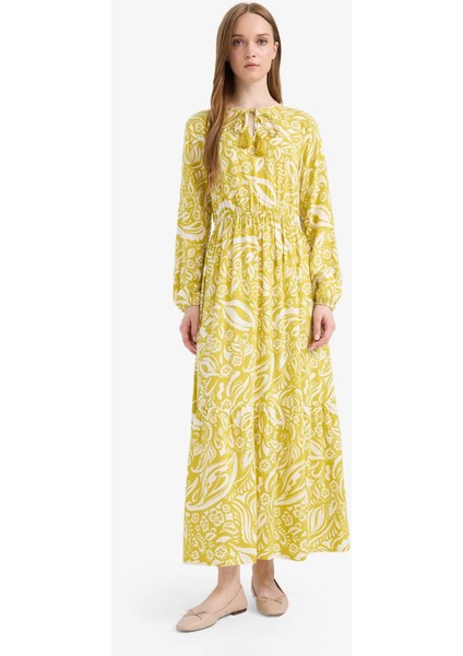 Bisiklet Yaka Desenli Viskon Uzun Kollu Maxi Elbise D9636AX25SM