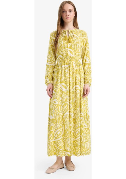 Bisiklet Yaka Desenli Viskon Uzun Kollu Maxi Elbise D9636AX25SM modelleri