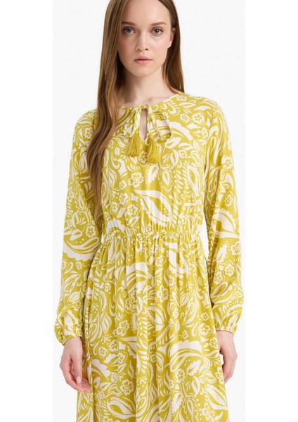 Bisiklet Yaka Desenli Viskon Uzun Kollu Maxi Elbise D9636AX25SM fırsatları