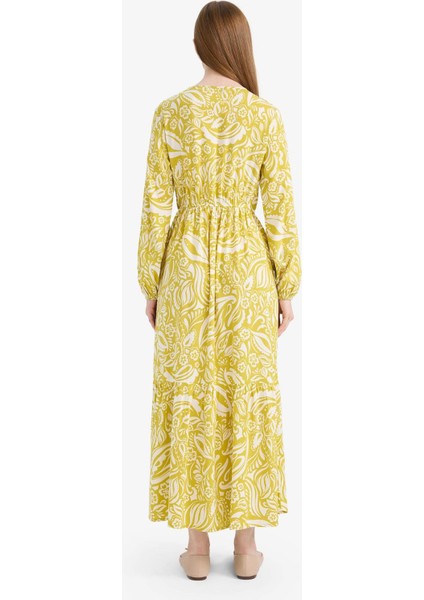 Bisiklet Yaka Desenli Viskon Uzun Kollu Maxi Elbise D9636AX25SM