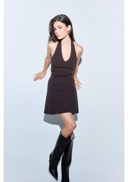 Halter Yaka Bürümcük Mini Elbise G5935AX25WN