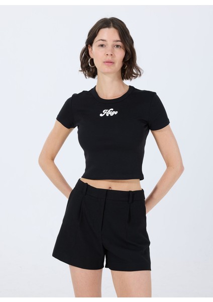 Siyah Kadın Bisiklet Yaka Normal Kalıp T-Shirt 50539132