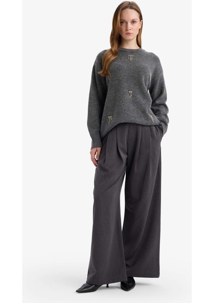 Regular Fit Bisiklet Yaka Taşlı Triko Kazak Tunik F6298AX25WN fiyatları